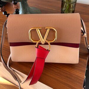 Valentino Garavani  Small VRing Leather Crossbody Rose Cannelle + Light Ivory